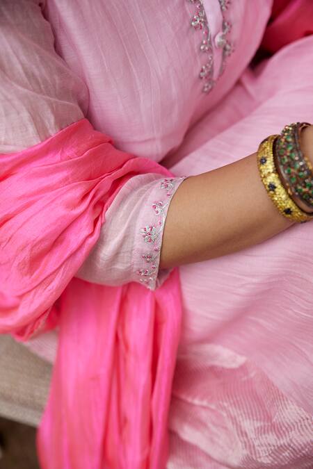 Buy_Nimbu Mirchi_Pink Chanderi, Silk Embroidery, Zari Mandarin Floral Placket Kurta Pant Set _Online_at_Aza_Fashions