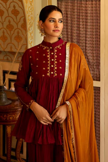 Buy_Nimbu Mirchi_Maroon Chanderi, Chiffon Embroidery Mandarin Blossom Peplum Kurta Palazzo Set _Online_at_Aza_Fashions