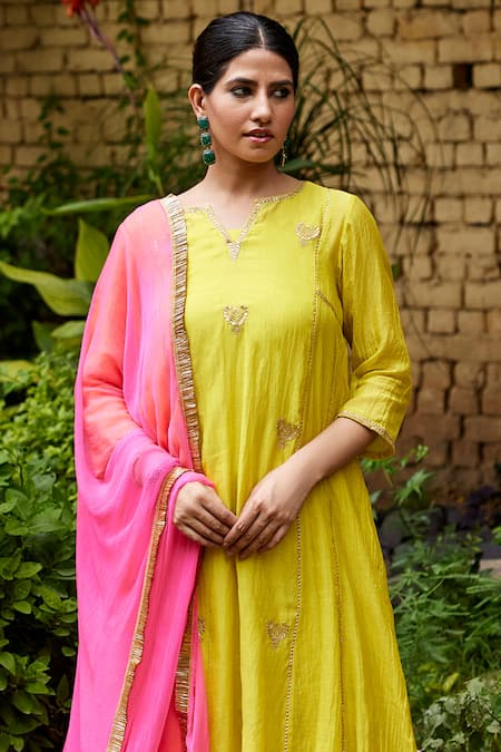 Nimbu Mirchi_Yellow Chiffon, Chanderi Embroidery, Gota Patti, Tassels Bali Anarkali Set _Online_at_Aza_Fashions