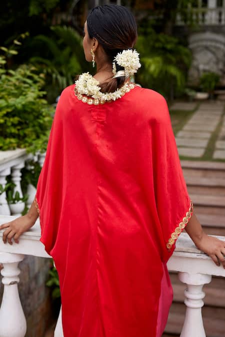 Buy_Nimbu Mirchi_Red Modal, Satin Embroidery V-neck Coin Work Dual Tone Kaftan With Inner _Online_at_Aza_Fashions
