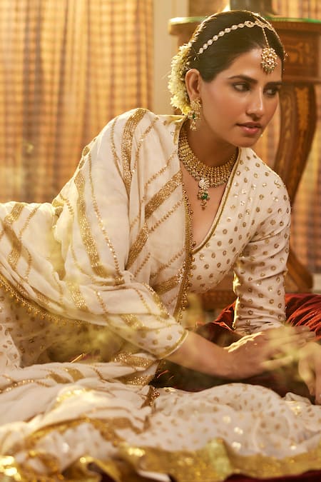 Buy Nimbu Mirchi Off White Chanderi Sequins V-neck Butti Embroidered Lehenga Blouse Set Online at Aza Fashions Buy_Nimbu Mirchi_Off White Chanderi Sequins V-neck Butti Embroidered Lehenga Blouse Set_Online_at_Aza_Fashions