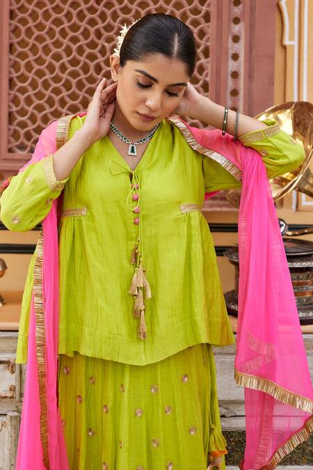 Nimbu Mirchi_Green Chanderi, Chiffon Sequins, Zari Butti Embroidered Lehenga Blouse Set _Online_at_Aza_Fashions