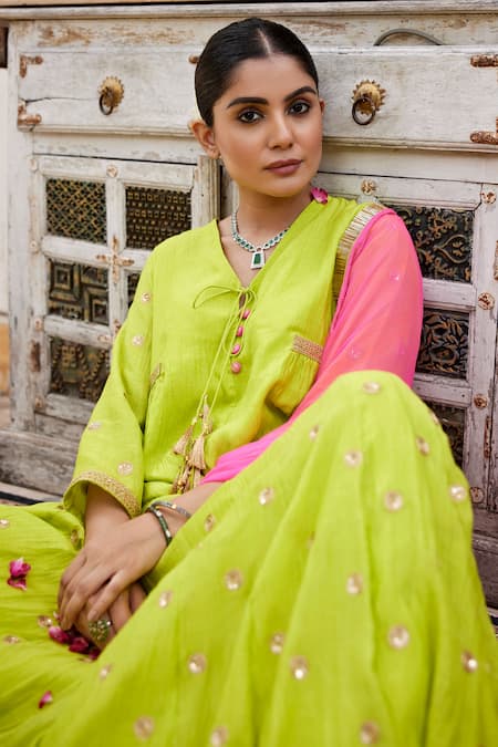 Shop_Nimbu Mirchi_Green Chanderi, Chiffon Sequins, Zari Butti Embroidered Lehenga Blouse Set _Online_at_Aza_Fashions