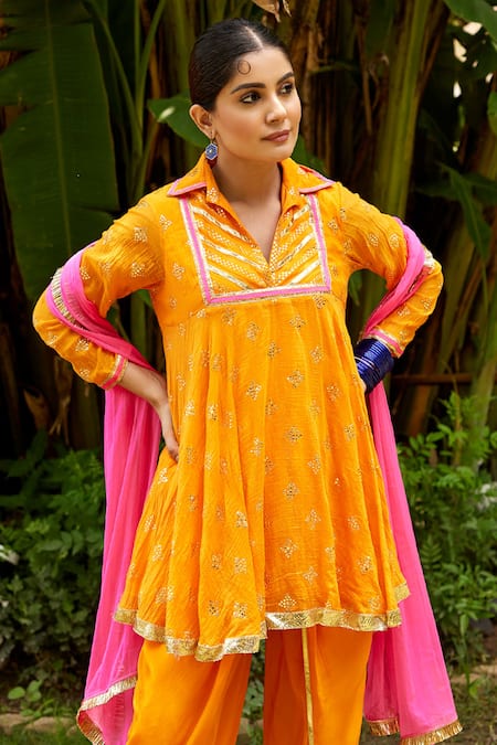 Nimbu Mirchi_Orange Chanderi, Chiffon Embroidery, Floral Mukaish Kurta Dhoti Pant Set _Online_at_Aza_Fashions
