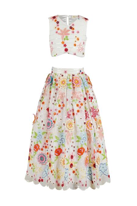STELLA ROSSA BY LES PETITS_White Georgette, Satin Embroidery Floral Lehenga Set_Online_at_Aza_Fashions