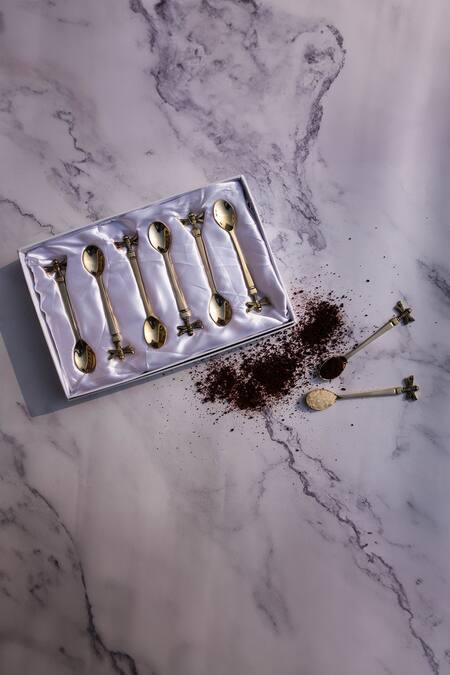 Shop Elysian Home Gold Brass Auric Tea Spoon Of 6 at Aza Fashions Shop_Elysian Home_Gold Brass Auric Tea Spoon Of 6_at_Aza_Fashions
