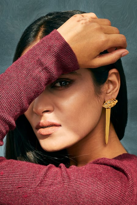 Shop Itrana Gold Plated Chains Leaf Shaped Cutwork Earrings at Aza Fashions Shop_Itrana_Gold Plated Chains Leaf Shaped Cutwork Earrings _at_Aza_Fashions