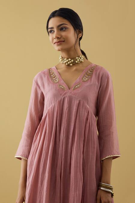 Tashee Purple Chanderi Sequins, Beads V-neck Gathered Embroidered Kurta And Pant Set Online at Aza Fashions Tashee_Purple Chanderi Sequins, Beads V-neck Gathered Embroidered Kurta And Pant Set _Online_at_Aza_Fashions