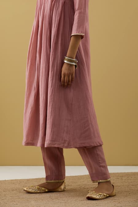 Tashee Purple Chanderi Sequins, Beads V-neck Gathered Embroidered Kurta And Pant Set at Aza Fashions Tashee_Purple Chanderi Sequins, Beads V-neck Gathered Embroidered Kurta And Pant Set _at_Aza_Fashions