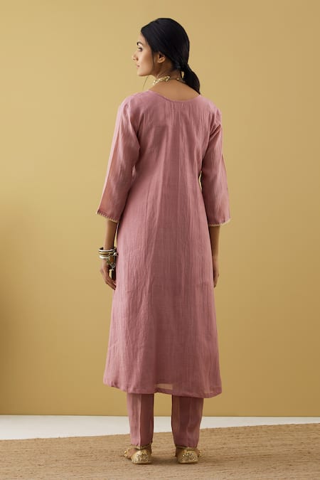 Shop Tashee Purple Chanderi Sequins, Beads V-neck Gathered Embroidered Kurta And Pant Set at Aza Fashions Shop_Tashee_Purple Chanderi Sequins, Beads V-neck Gathered Embroidered Kurta And Pant Set _at_Aza_Fashions