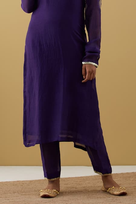 Tashee_Purple Chanderi Sequins, Zari Split V-neck Sleeve Embroidered Kurta And Pant Set _Online_at_Aza_Fashions