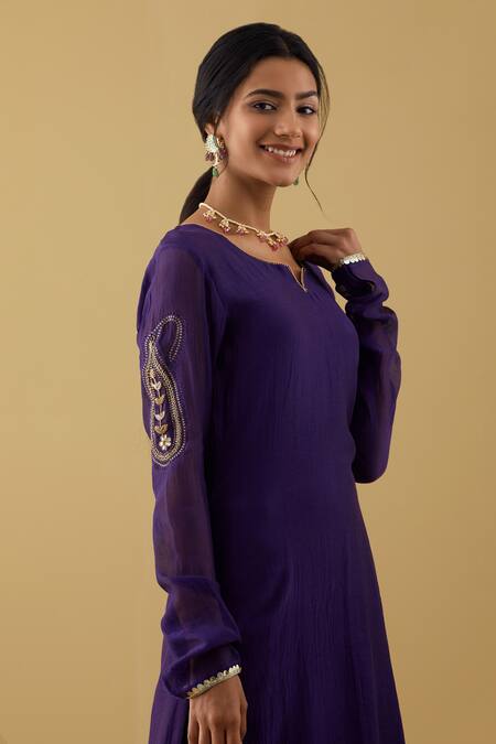 Shop Tashee Purple Chanderi Sequins, Zari, Embroidery Sleeve Kurta Set Online at Aza Fashions Shop_Tashee_Purple Chanderi Sequins, Zari, Embroidery Sleeve Kurta Set _Online_at_Aza_Fashions