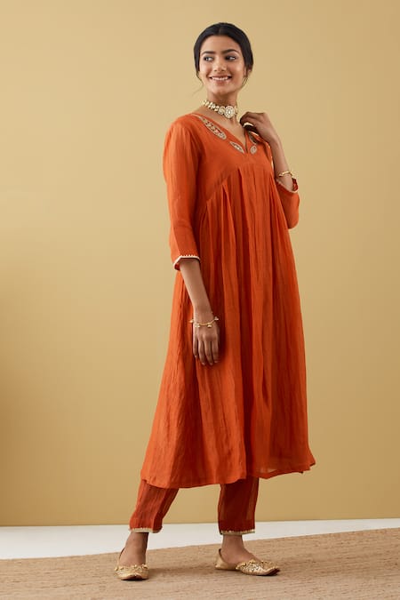 Tashee Orange Chanderi Sequins, Beads V-neck Gathered Kurta And Pant Set Online at Aza Fashions Tashee_Orange Chanderi Sequins, Beads V-neck Gathered Kurta And Pant Set _Online_at_Aza_Fashions