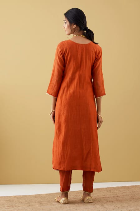 Shop Tashee Orange Chanderi Sequins, Beads V-neck Gathered Kurta And Pant Set at Aza Fashions Shop_Tashee_Orange Chanderi Sequins, Beads V-neck Gathered Kurta And Pant Set _at_Aza_Fashions