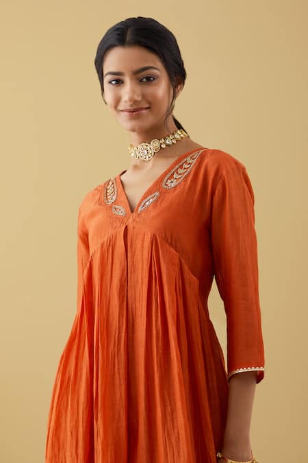 Tashee Orange Chanderi Sequins, Beads V-neck Gathered Kurta And Pant Set at Aza Fashions Tashee_Orange Chanderi Sequins, Beads V-neck Gathered Kurta And Pant Set _at_Aza_Fashions