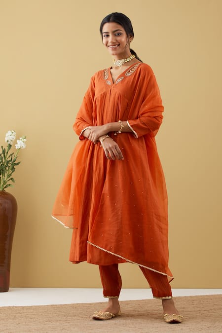 Tashee Orange Chanderi Sequins, Beads, Zari V-neck Gathered Kurta Pant Set 