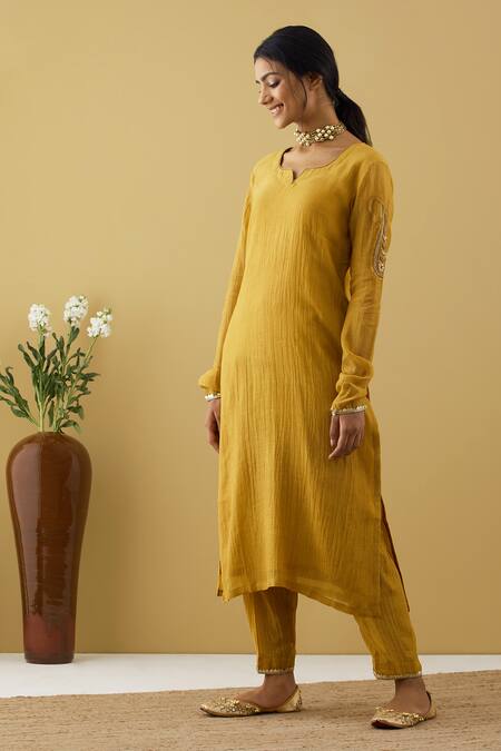 Shop Tashee Yellow Chanderi Sequins, Zari, Beads Split Sleeve Embroidered Kurta Pant Set Online at Aza Fashions Shop_Tashee_Yellow Chanderi Sequins, Zari, Beads Split Sleeve Embroidered Kurta Pant Set _Online_at_Aza_Fashions