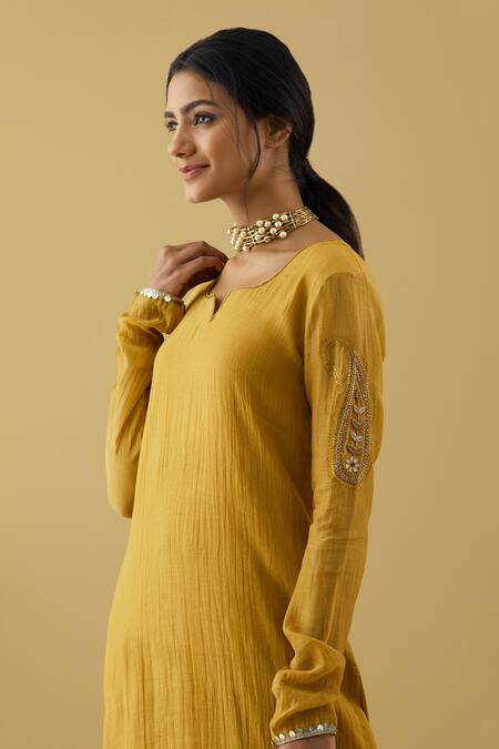 Tashee Yellow Chanderi Sequins, Zari, Beads Split Sleeve Embroidered Kurta Pant Set at Aza Fashions Tashee_Yellow Chanderi Sequins, Zari, Beads Split Sleeve Embroidered Kurta Pant Set _at_Aza_Fashions