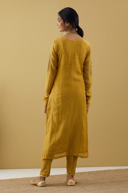 Shop Tashee Yellow Chanderi Sequins, Zari, Beads Split Sleeve Embroidered Kurta Pant Set at Aza Fashions Shop_Tashee_Yellow Chanderi Sequins, Zari, Beads Split Sleeve Embroidered Kurta Pant Set _at_Aza_Fashions