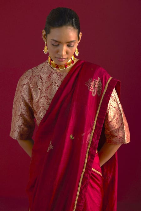 Shorshe Clothing Red Brocade Collared Floral Pattern Blouse Online at Aza Fashions Shorshe Clothing_Red Brocade Collared Floral Pattern Blouse _Online_at_Aza_Fashions