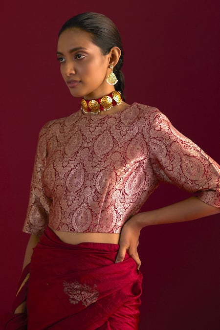 Buy Shorshe Clothing Red Brocade Collared Floral Pattern Blouse Online at Aza Fashions Buy_Shorshe Clothing_Red Brocade Collared Floral Pattern Blouse _Online_at_Aza_Fashions