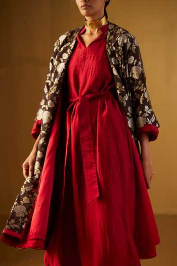 Shorshe Clothing_Red Silk, Cotton Lace Polo Collar Rina Pure Kurta And Pant Set_Online_at_Aza_Fashions