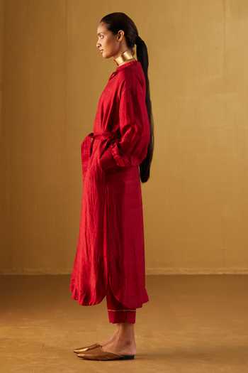 Buy_Shorshe Clothing_Red Silk, Cotton Lace Polo Collar Rina Pure Kurta And Pant Set_Online_at_Aza_Fashions