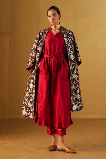 Shop_Shorshe Clothing_Red Silk, Cotton Lace Polo Collar Rina Pure Kurta And Pant Set_Online_at_Aza_Fashions
