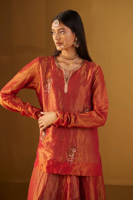 Shorshe Clothing_Red Handloom Cotton Embroidery, Lace Mini Saifi Tissue Kurta And Gharara Set _Online_at_Aza_Fashions