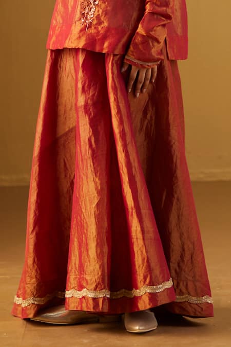 Shop_Shorshe Clothing_Red Handloom Cotton Embroidery, Lace Mini Saifi Tissue Kurta And Gharara Set _Online_at_Aza_Fashions