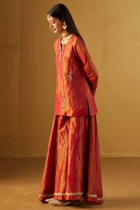 Shorshe Clothing_Red Handloom Cotton Embroidery, Lace Mini Saifi Tissue Kurta And Gharara Set _at_Aza_Fashions