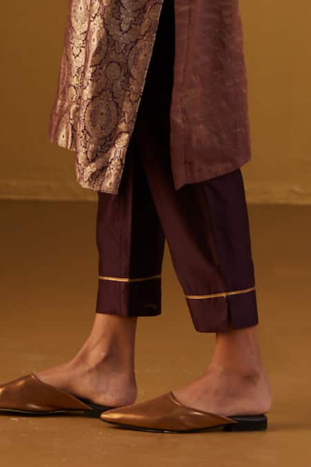 Shop Shorshe Clothing Wine Brocade, Handloom Cotton, Cotton, Silk Lace V-neck Shahi Kaftan And Pant Set Online at Aza Fashions Shop_Shorshe Clothing_Wine Brocade, Handloom Cotton, Cotton, Silk Lace V-neck Shahi Kaftan And Pant Set _Online_at_Aza_Fashions