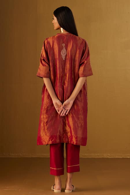 Shorshe Clothing Red Kurta Brocade And Handloom Tissue Shahi Mughal Kaftan Pant Set For Women