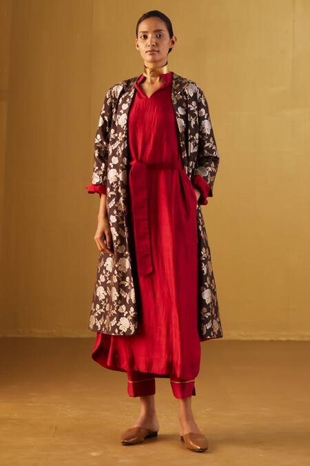 Shorshe Clothing_Brown Brocade, Satin Embroidery Collared Sally Floral Paten Pure Jacket _Online_at_Aza_Fashions