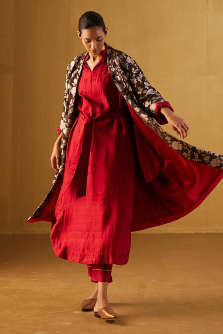 Buy_Shorshe Clothing_Brown Brocade, Satin Embroidery Collared Sally Floral Paten Pure Jacket _Online_at_Aza_Fashions