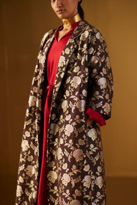 Shop_Shorshe Clothing_Brown Brocade, Satin Embroidery Collared Sally Floral Paten Pure Jacket _Online_at_Aza_Fashions