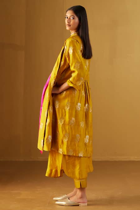 Shop_Shorshe Clothing_Yellow Brocade, Satin Embroidery Collared Sally Floral Paten Jacket _Online_at_Aza_Fashions