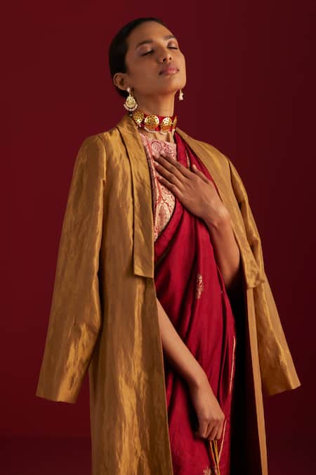 Shorshe Clothing_Red Silk Embroidery Sinduri Hand Block Print Saree _Online_at_Aza_Fashions