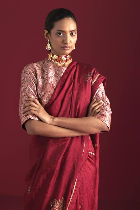 Buy_Shorshe Clothing_Red Silk Embroidery Sinduri Hand Block Print Saree _Online_at_Aza_Fashions