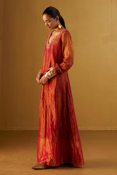 Shorshe Clothing_Red Handloom Cotton Embroidery V-neck Sherbet Tissue Anarkali _Online_at_Aza_Fashions