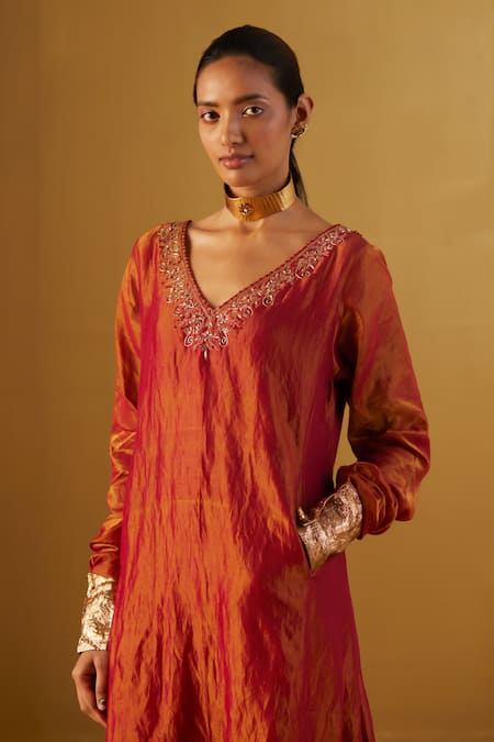 Buy_Shorshe Clothing_Red Handloom Cotton Embroidery V-neck Sherbet Tissue Anarkali _Online_at_Aza_Fashions