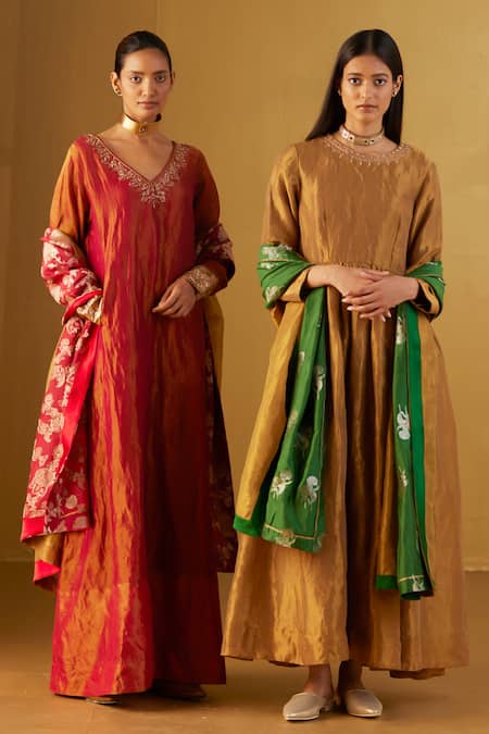 Shop_Shorshe Clothing_Red Handloom Cotton Embroidery V-neck Sherbet Tissue Anarkali _Online_at_Aza_Fashions