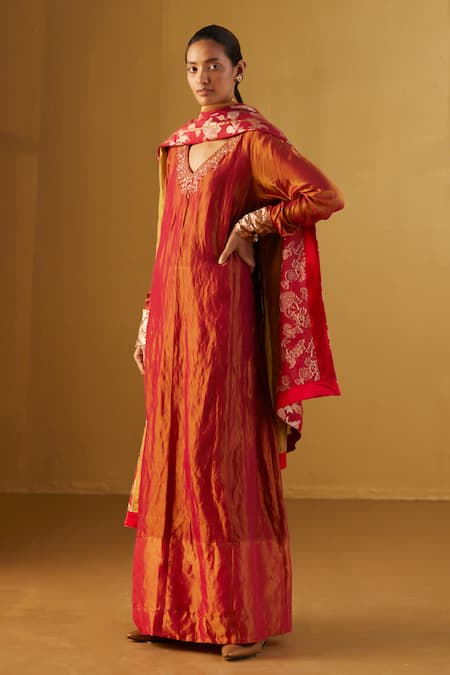 Shorshe Clothing_Red Handloom Cotton Embroidery V-neck Sherbet Tissue Anarkali _at_Aza_Fashions