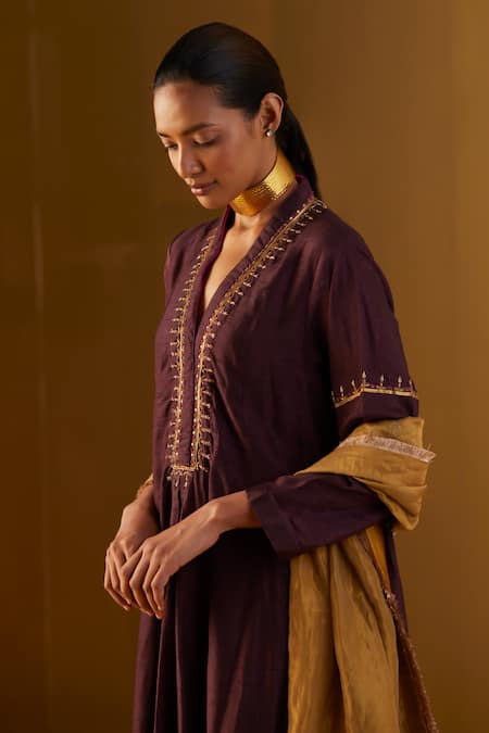 Shop_Shorshe Clothing_Wine Silk Embroidery V-neck Sashiko Raw Kurta _Online_at_Aza_Fashions