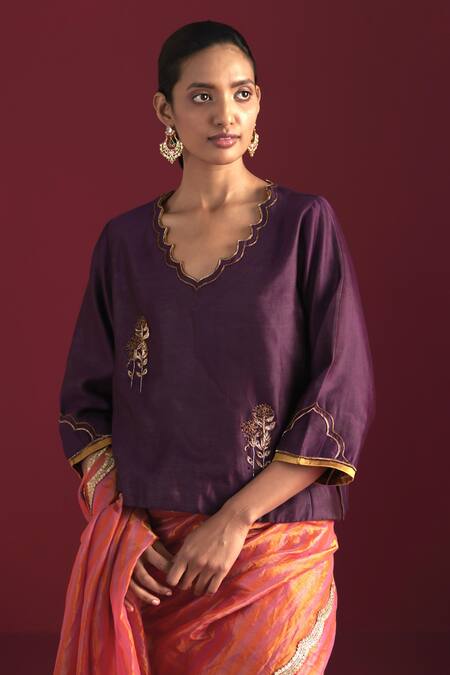 Shorshe Clothing_Purple Chanderi, Linen Embroidery Scoop Neck Tannu Blouse _Online_at_Aza_Fashions