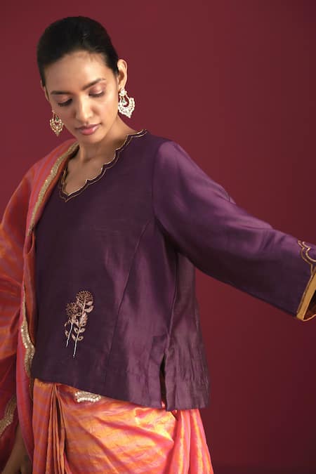 Buy_Shorshe Clothing_Purple Chanderi, Linen Embroidery Scoop Neck Tannu Blouse _Online_at_Aza_Fashions
