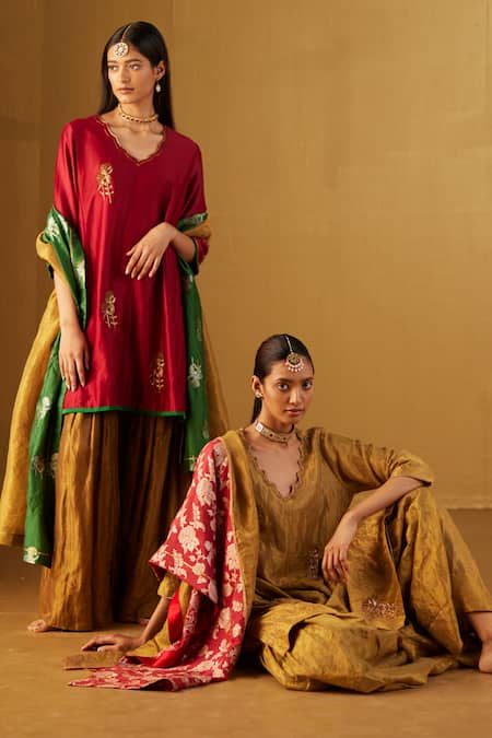 Shop_Shorshe Clothing_Gold Handloom Cotton, Linen Embroidery Scoop Tannu Tissue Kurta And Sharara Set _Online_at_Aza_Fashions