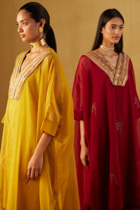 Shorshe Clothing_Red Organza, Handloom Cotton Waahida Hand Block Print Kaftan And Pant Set_Online_at_Aza_Fashions