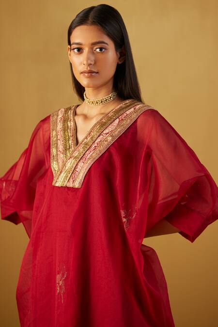 Buy_Shorshe Clothing_Red Organza, Handloom Cotton Waahida Hand Block Print Kaftan And Pant Set_Online_at_Aza_Fashions