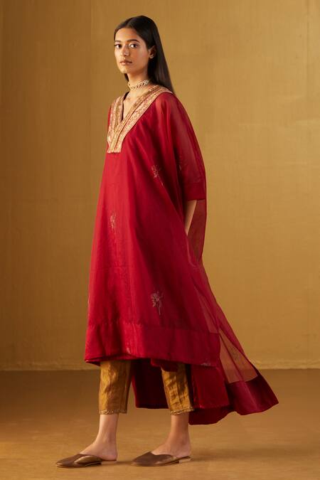 Shop_Shorshe Clothing_Red Organza, Handloom Cotton Waahida Hand Block Print Kaftan And Pant Set_Online_at_Aza_Fashions